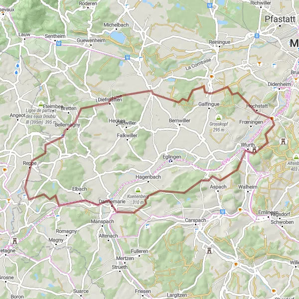Miniature de la carte de l'inspiration cycliste "Parcours des collines et villages" dans la Alsace, France. Générée par le planificateur d'itinéraire cycliste Tarmacs.app