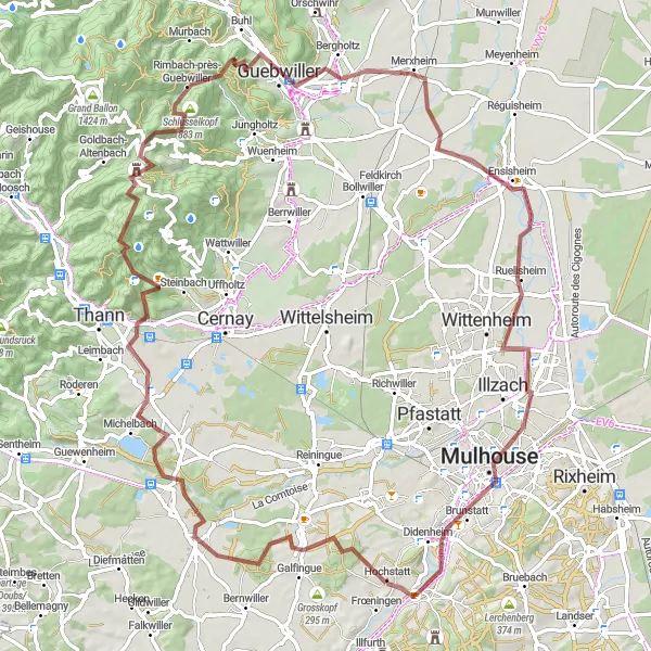 Map miniature of "Zillisheim Gravel Adventure" cycling inspiration in Alsace, France. Generated by Tarmacs.app cycling route planner