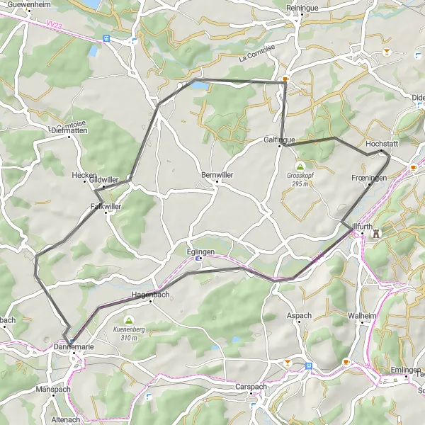 Miniature de la carte de l'inspiration cycliste "Boucle de l'Allée Royale" dans la Alsace, France. Générée par le planificateur d'itinéraire cycliste Tarmacs.app