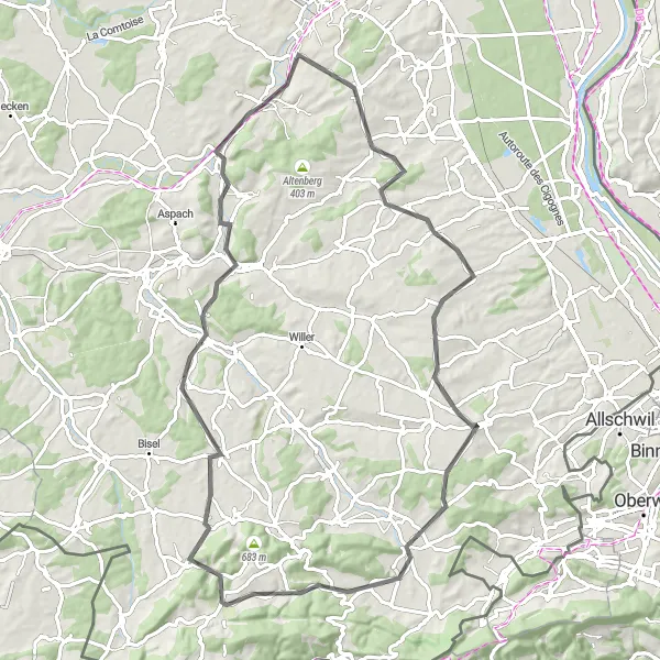 Map miniature of "Exploring the Sundgau region" cycling inspiration in Alsace, France. Generated by Tarmacs.app cycling route planner