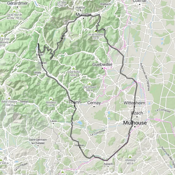 Miniature de la carte de l'inspiration cycliste "Route des Sommets d'Alsace" dans la Alsace, France. Générée par le planificateur d'itinéraire cycliste Tarmacs.app