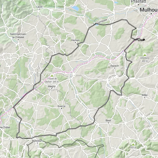 Map miniature of "The Jura Challenge" cycling inspiration in Alsace, France. Generated by Tarmacs.app cycling route planner