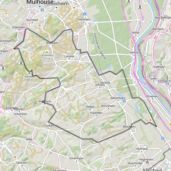 Map miniature of "Zillisheim Road Challenge" cycling inspiration in Alsace, France. Generated by Tarmacs.app cycling route planner