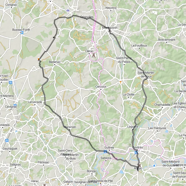 Miniature de la carte de l'inspiration cycliste "Virée à Lapouyade" dans la Aquitaine, France. Générée par le planificateur d'itinéraire cycliste Tarmacs.app