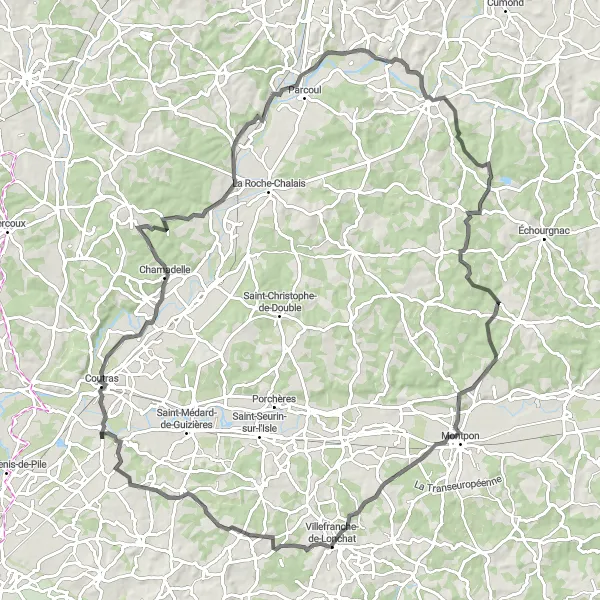 Miniature de la carte de l'inspiration cycliste "Parcours à travers Bazac" dans la Aquitaine, France. Générée par le planificateur d'itinéraire cycliste Tarmacs.app