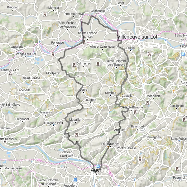 Miniatua del mapa de inspiración ciclista "Tour a través de Cours, Agen y bellos paisajes" en Aquitaine, France. Generado por Tarmacs.app planificador de rutas ciclistas