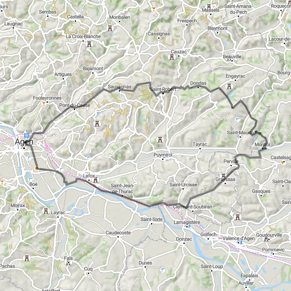 Miniatua del mapa de inspiración ciclista "Recorrido por Pont-du-Casse y Agen" en Aquitaine, France. Generado por Tarmacs.app planificador de rutas ciclistas
