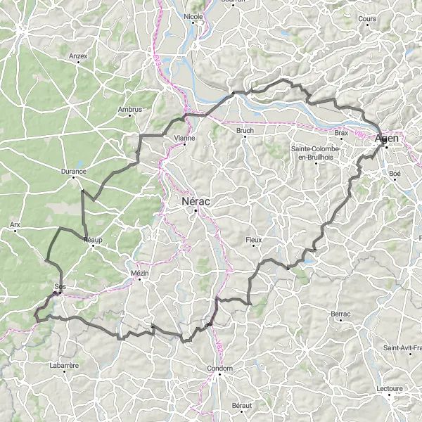 Map miniature of "Agen and its Surroundings" cycling inspiration in Aquitaine, France. Generated by Tarmacs.app cycling route planner