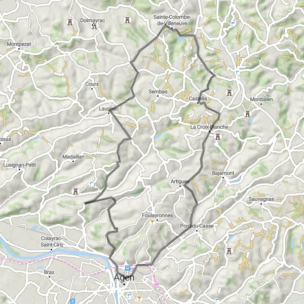 Map miniature of "Exploring the Villages near Agen" cycling inspiration in Aquitaine, France. Generated by Tarmacs.app cycling route planner