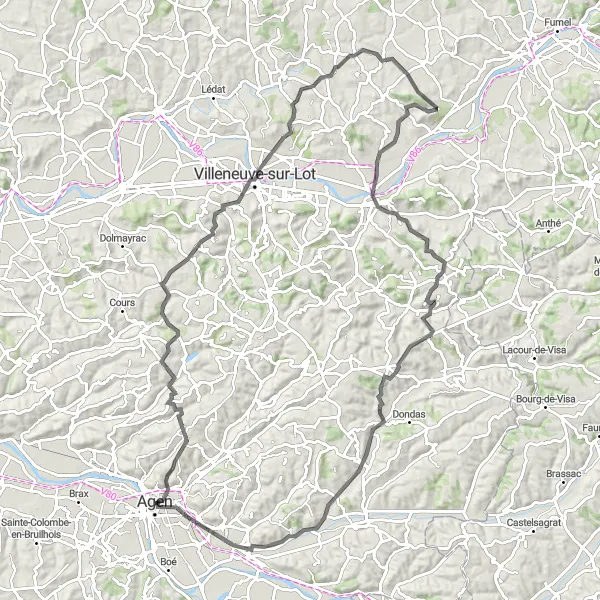 Miniatua del mapa de inspiración ciclista "Aventura épica por Foulayronnes, Sainte-Colombe-de-Villeneuve y más" en Aquitaine, France. Generado por Tarmacs.app planificador de rutas ciclistas