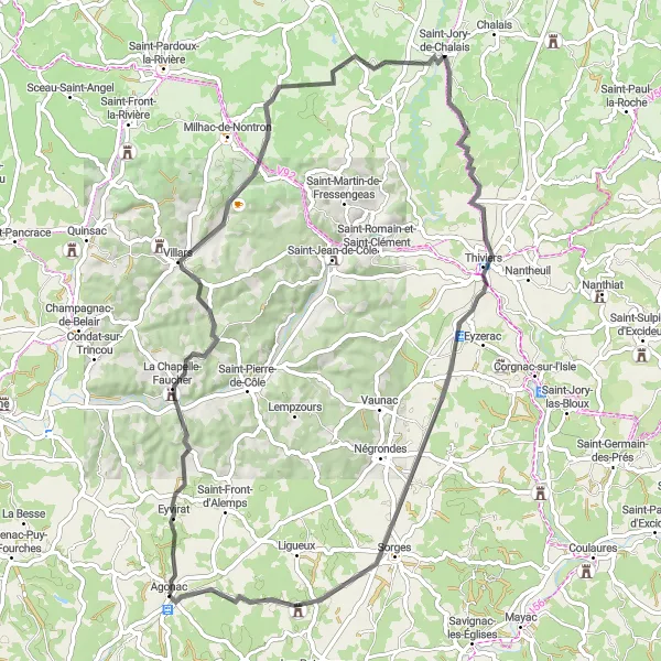 Map miniature of "Eyvirat to Agonac Loop" cycling inspiration in Aquitaine, France. Generated by Tarmacs.app cycling route planner