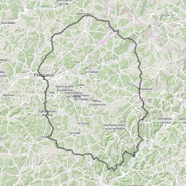 Map miniature of "Epic Road Cycling Route to Agonac" cycling inspiration in Aquitaine, France. Generated by Tarmacs.app cycling route planner
