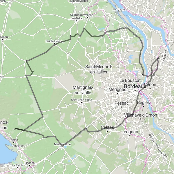 Map miniature of "Gironde River Tour" cycling inspiration in Aquitaine, France. Generated by Tarmacs.app cycling route planner