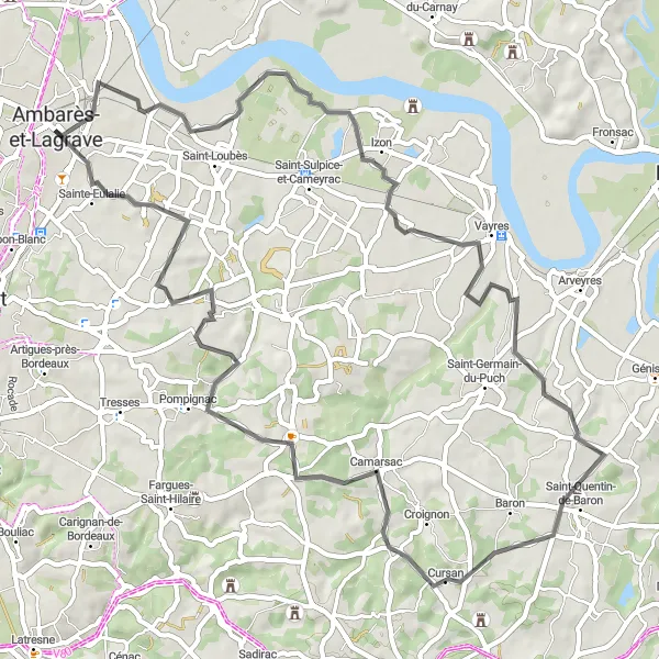 Map miniature of "Green Valleys and Charming Towns" cycling inspiration in Aquitaine, France. Generated by Tarmacs.app cycling route planner