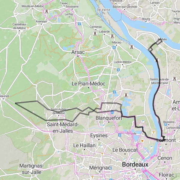 Miniatua del mapa de inspiración ciclista "Ruta de 94 km en carretera cerca de Ambès" en Aquitaine, France. Generado por Tarmacs.app planificador de rutas ciclistas