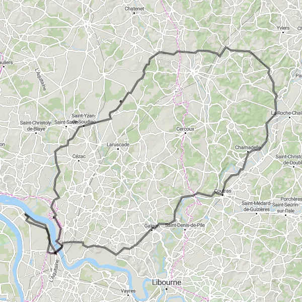 Miniatua del mapa de inspiración ciclista "Ruta de 150 km en carretera cerca de Ambès" en Aquitaine, France. Generado por Tarmacs.app planificador de rutas ciclistas