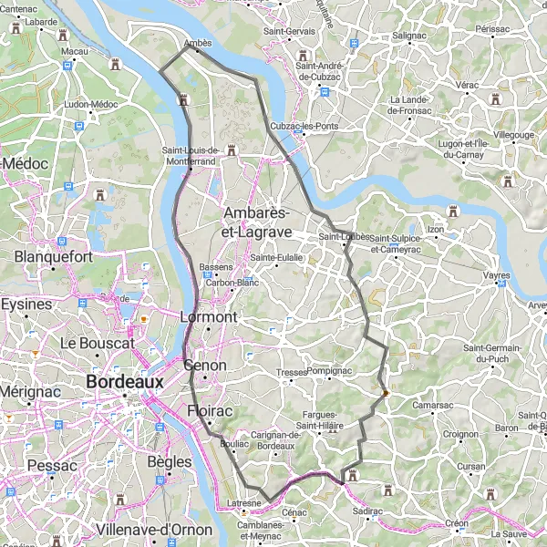 Map miniature of "Thrilling Ride around Ambès" cycling inspiration in Aquitaine, France. Generated by Tarmacs.app cycling route planner