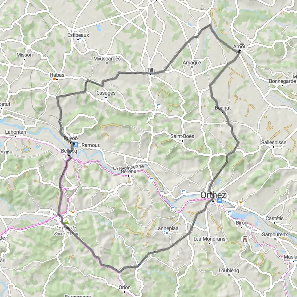 Map miniature of "Amou Bonnut L'Hôpital-d'Orion Le Pain de Sucre Puyoô Tilh" cycling inspiration in Aquitaine, France. Generated by Tarmacs.app cycling route planner