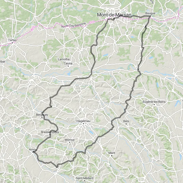 Miniature de la carte de l'inspiration cycliste "Grande boucle à travers les Landes" dans la Aquitaine, France. Générée par le planificateur d'itinéraire cycliste Tarmacs.app