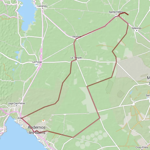 Map miniature of "Andernos-les-Bains to Le Bétey Gravel Route" cycling inspiration in Aquitaine, France. Generated by Tarmacs.app cycling route planner