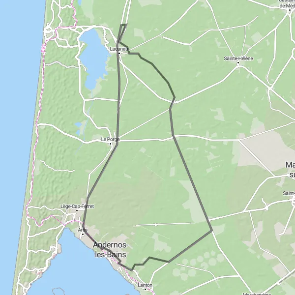 Map miniature of "The Andernos-les-Bains Loop" cycling inspiration in Aquitaine, France. Generated by Tarmacs.app cycling route planner