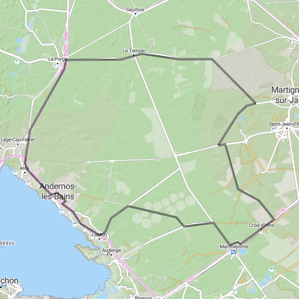 Map miniature of "Arès to Lanton Road Route" cycling inspiration in Aquitaine, France. Generated by Tarmacs.app cycling route planner