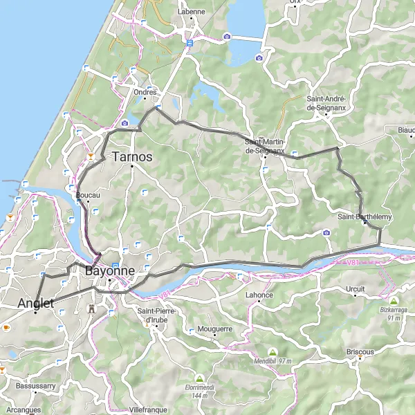 Miniatua del mapa de inspiración ciclista "Descubrimiento cultural cerca de Anglet" en Aquitaine, France. Generado por Tarmacs.app planificador de rutas ciclistas