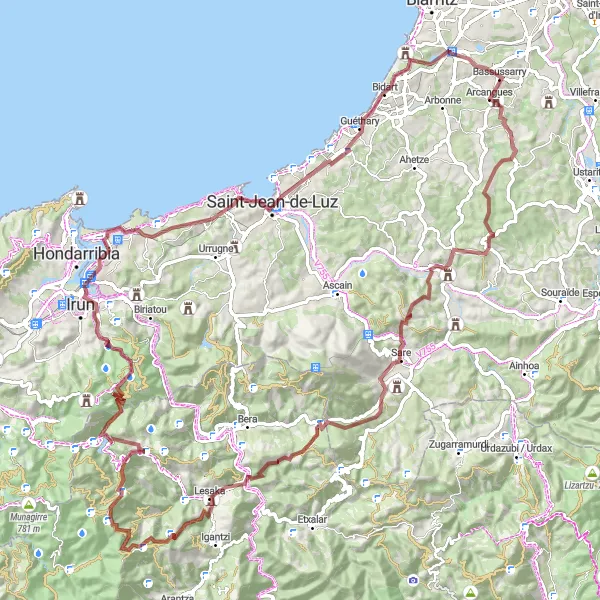 Map miniature of "Gravel Adventure from Arcangues to Petaburu" cycling inspiration in Aquitaine, France. Generated by Tarmacs.app cycling route planner