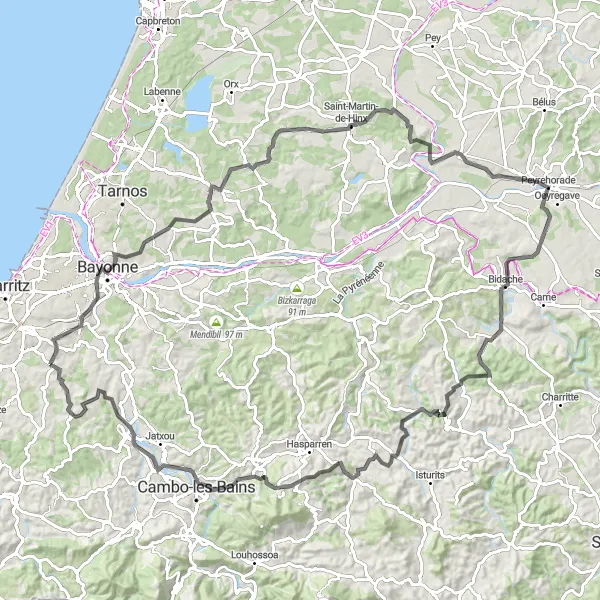 Miniature de la carte de l'inspiration cycliste "Parcours Route depuis Arcangues" dans la Aquitaine, France. Générée par le planificateur d'itinéraire cycliste Tarmacs.app