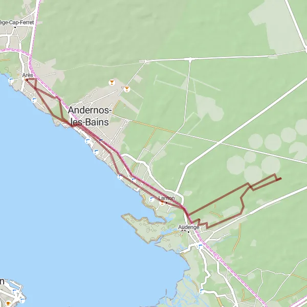 Miniature de la carte de l'inspiration cycliste "Tour des Ports" dans la Aquitaine, France. Générée par le planificateur d'itinéraire cycliste Tarmacs.app