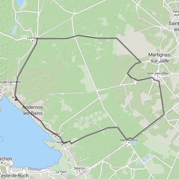 Miniatua del mapa de inspiración ciclista "Ruta de ciclismo de carretera desde Arès a Andernos-les-Bains" en Aquitaine, France. Generado por Tarmacs.app planificador de rutas ciclistas
