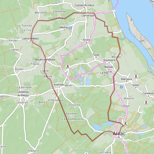 Miniatua del mapa de inspiración ciclista "Ruta de Grava por Moulis-en-Médoc y Soussans" en Aquitaine, France. Generado por Tarmacs.app planificador de rutas ciclistas