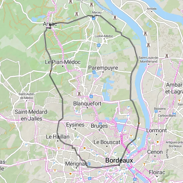 Map miniature of "The Médoc Road Cycling Adventure" cycling inspiration in Aquitaine, France. Generated by Tarmacs.app cycling route planner