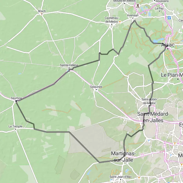 Map miniature of "Medoc Vineyard Road" cycling inspiration in Aquitaine, France. Generated by Tarmacs.app cycling route planner