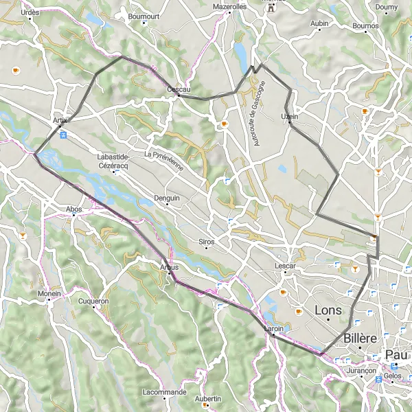 Map miniature of "The Uzein Trail" cycling inspiration in Aquitaine, France. Generated by Tarmacs.app cycling route planner