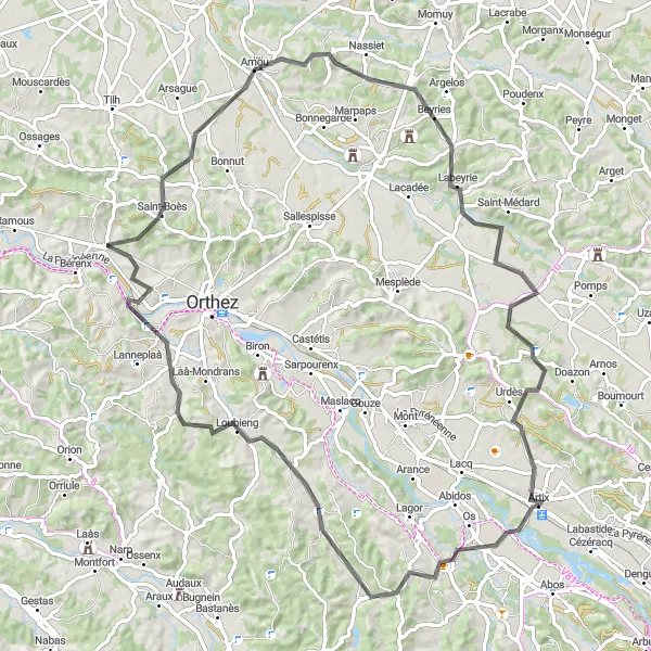 Map miniature of "Mourenx and Beyond" cycling inspiration in Aquitaine, France. Generated by Tarmacs.app cycling route planner