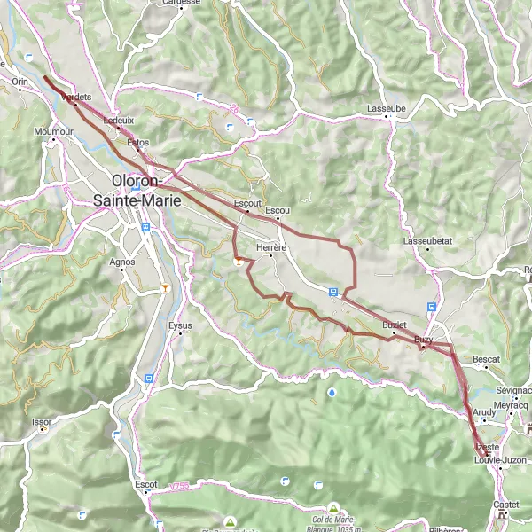 Miniatua del mapa de inspiración ciclista "Ruta de 60 km en gravilla desde Arudy" en Aquitaine, France. Generado por Tarmacs.app planificador de rutas ciclistas