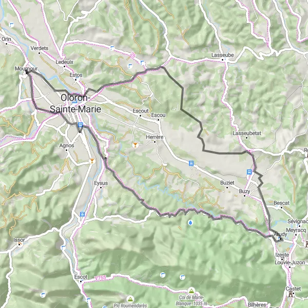 Map miniature of "Scenic Road Loop from Arudy" cycling inspiration in Aquitaine, France. Generated by Tarmacs.app cycling route planner