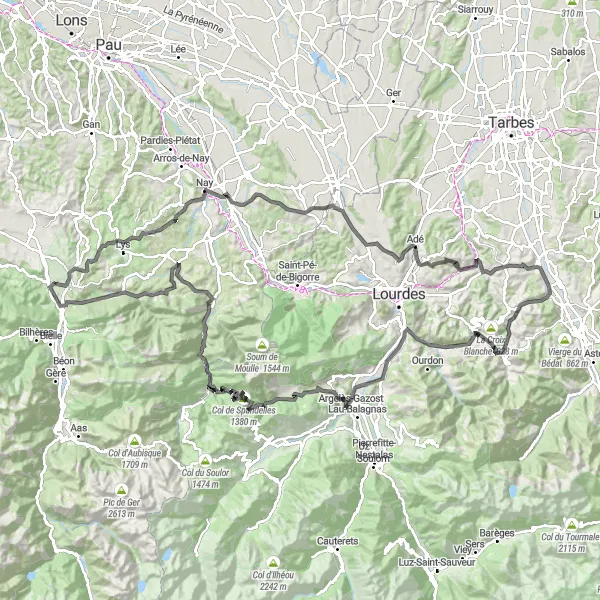 Miniature de la carte de l'inspiration cycliste "Tour des cols du Béarn" dans la Aquitaine, France. Générée par le planificateur d'itinéraire cycliste Tarmacs.app