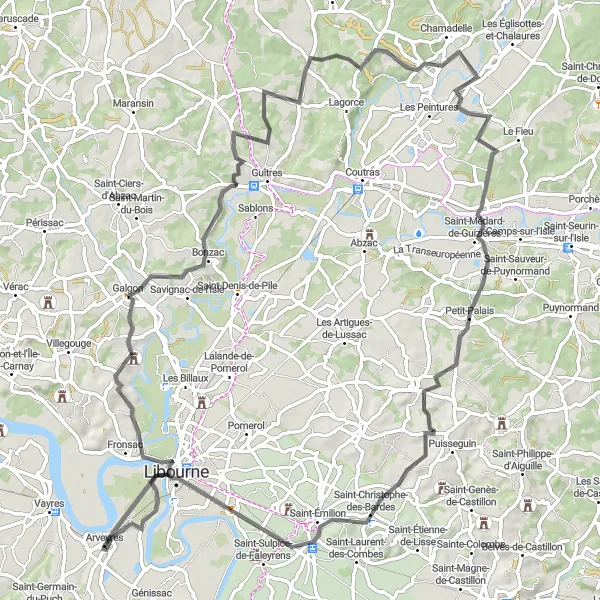 Miniatua del mapa de inspiración ciclista "Viaje de 93 km por Galgon y Saint-Christophe-des-Bardes" en Aquitaine, France. Generado por Tarmacs.app planificador de rutas ciclistas