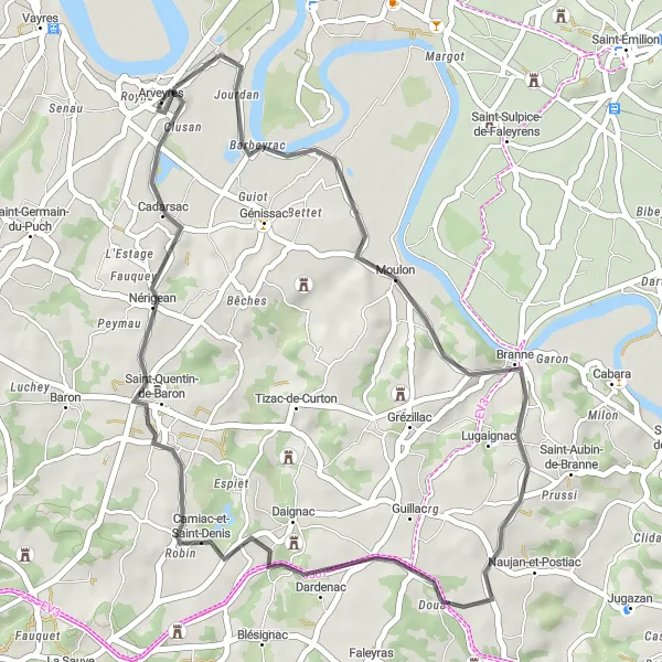Miniatua del mapa de inspiración ciclista "Ruta de 40 km desde Arveyres" en Aquitaine, France. Generado por Tarmacs.app planificador de rutas ciclistas