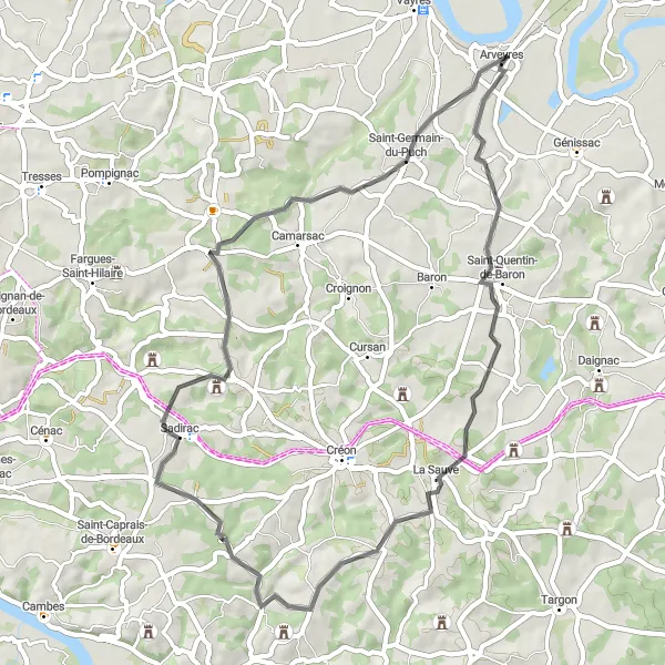 Miniatua del mapa de inspiración ciclista "Circuito de 50 km por La Sauve y Sadirac" en Aquitaine, France. Generado por Tarmacs.app planificador de rutas ciclistas