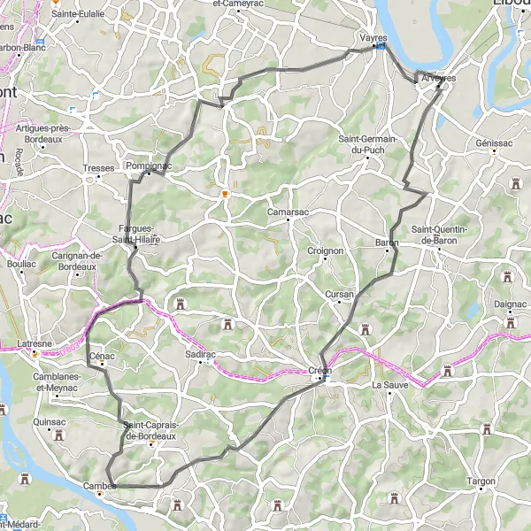 Miniatua del mapa de inspiración ciclista "Ruta a Nérigean y más" en Aquitaine, France. Generado por Tarmacs.app planificador de rutas ciclistas