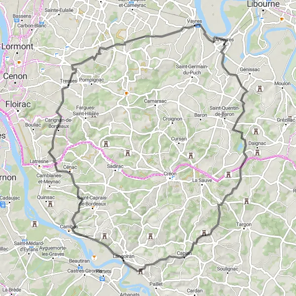 Miniatua del mapa de inspiración ciclista "Ruta a Espiet y más" en Aquitaine, France. Generado por Tarmacs.app planificador de rutas ciclistas