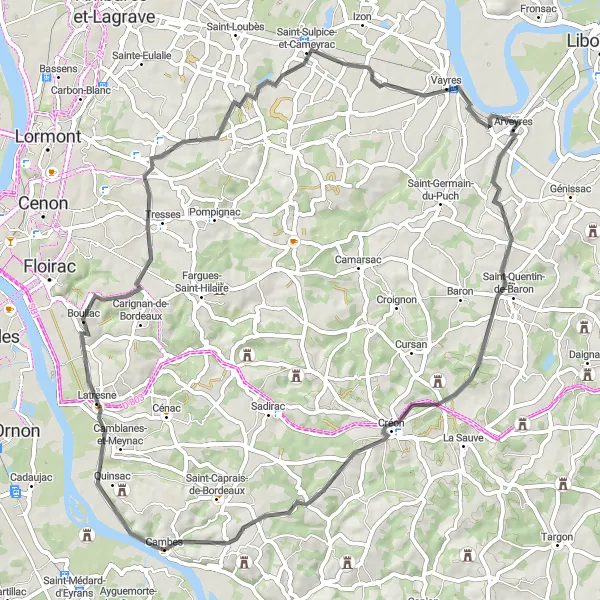 Miniatua del mapa de inspiración ciclista "Viaje de 67 km por callejones y colinas" en Aquitaine, France. Generado por Tarmacs.app planificador de rutas ciclistas