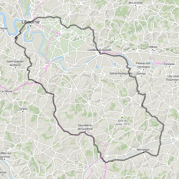 Miniatua del mapa de inspiración ciclista "Recorrido de 125 km hacia Monségur" en Aquitaine, France. Generado por Tarmacs.app planificador de rutas ciclistas