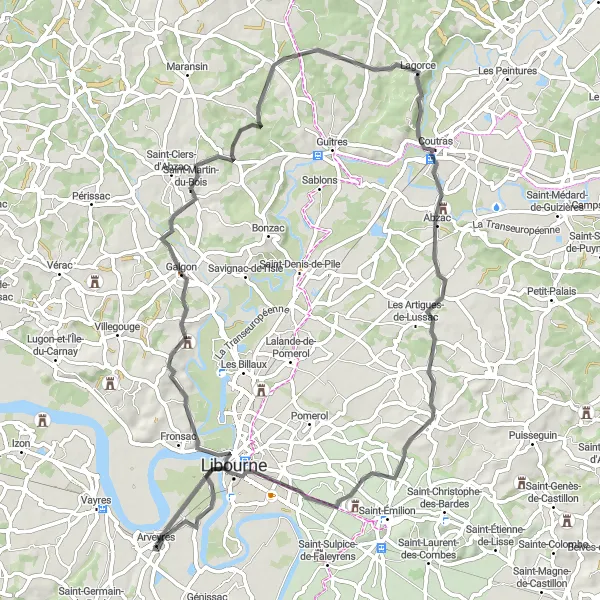 Miniatua del mapa de inspiración ciclista "Ruta a Galgon y más" en Aquitaine, France. Generado por Tarmacs.app planificador de rutas ciclistas