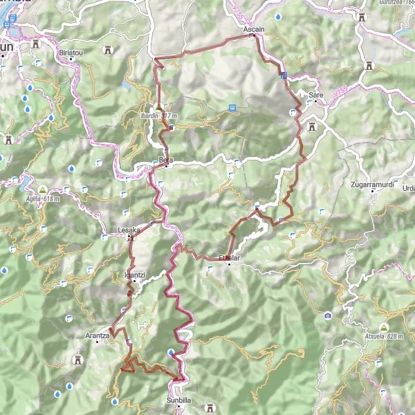 Map miniature of "Gravel Adventure in the Basque Countryside" cycling inspiration in Aquitaine, France. Generated by Tarmacs.app cycling route planner