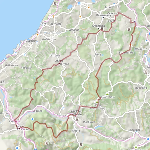 Map miniature of "Ascain and Surrounding Villages Gravel Route" cycling inspiration in Aquitaine, France. Generated by Tarmacs.app cycling route planner