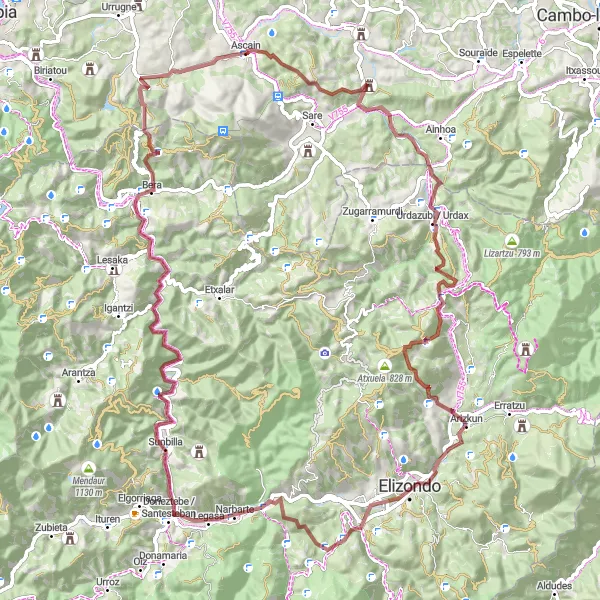 Miniatua del mapa de inspiración ciclista "Ruta de Gravel desde Ascain a Ibardin" en Aquitaine, France. Generado por Tarmacs.app planificador de rutas ciclistas